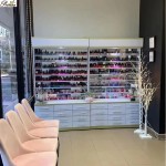 Nail Polish Cabinet Factory - Luxury Beauty Saloon Furniture Wall Stand White Marble Wood with Gold Border