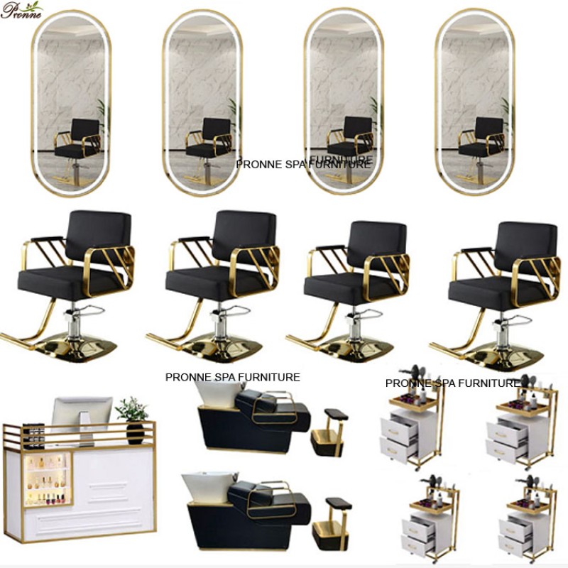 Makeup Styling Station Manufacturer - Barber Shop Hot Sale Gold Stainless Steel Frame Single Double with LED Light