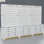 Nail Polish Cabinet Factory - Luxury Beauty Saloon Furniture Wall Stand White Marble Wood with Gold Border