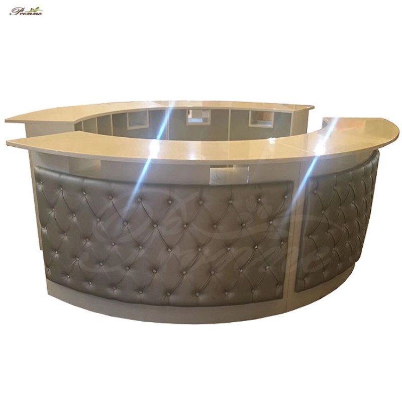 Long Manicure Table Manufacturer - Luxury High Gloss Multi-seats Grey Leather Tufted Curved Nail Bar