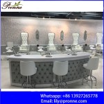 Long Manicure Table Manufacturer - Luxury High Gloss Multi-seats Grey Leather Tufted Curved Nail Bar