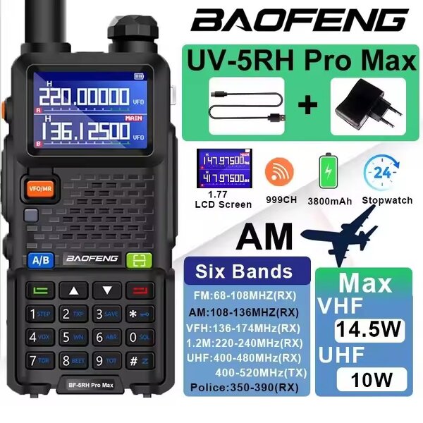 Ham Radio Manufacturer - UV-5RH Pro Max Air Band 10W AM FM Six Band 65-520MHz