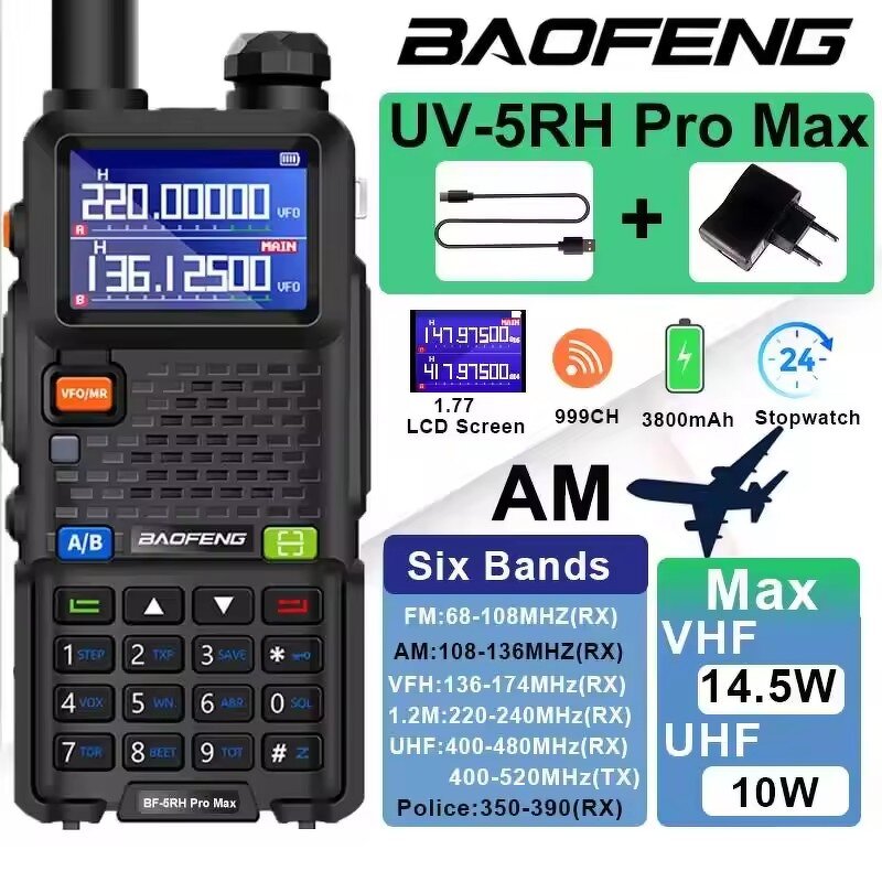 Ham Radio Manufacturer - UV-5RH Pro Max Air Band 10W AM FM Six Band 65-520MHz