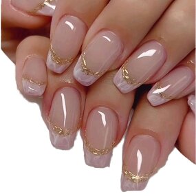 Artificial Fingernails Manufacturer - Reusable Pink Gradient with Glue Gold Glitter