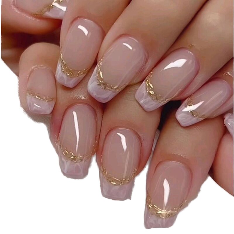 Artificial Fingernails Manufacturer - Reusable Pink Gradient with Glue Gold Glitter