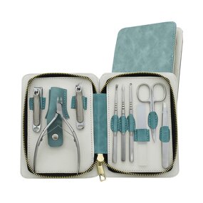 11pcs Nail Clipper Set - Green Stainless Steel Finger Care Gift with PU Leather Bag
