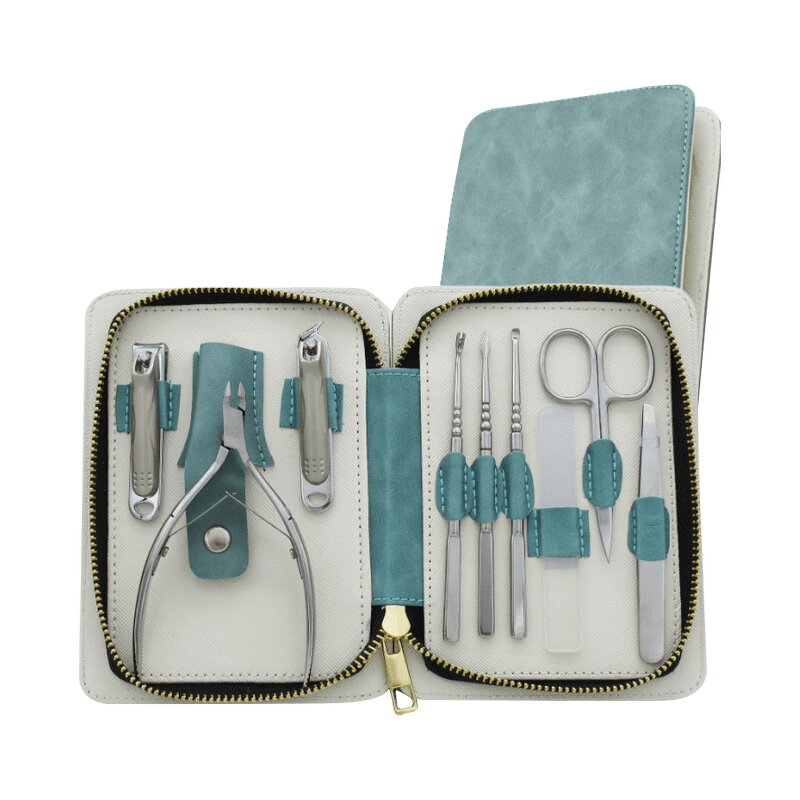 11pcs Nail Clipper Set - Green Stainless Steel Finger Care Gift with PU Leather Bag
