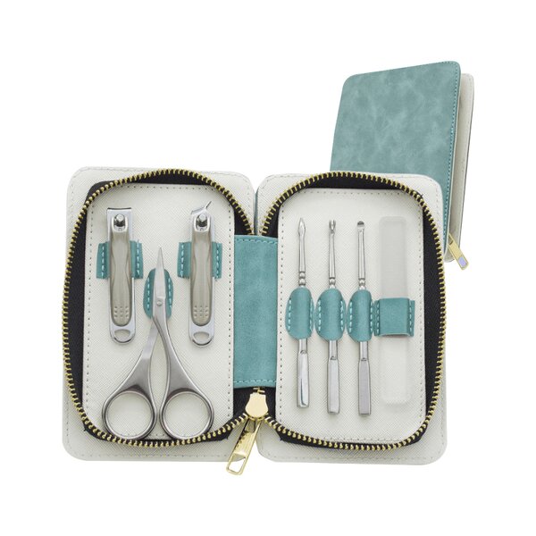 9pcs Nail Clipper Set - Green Stainless Steel Personal Care Tool with Leather Bag