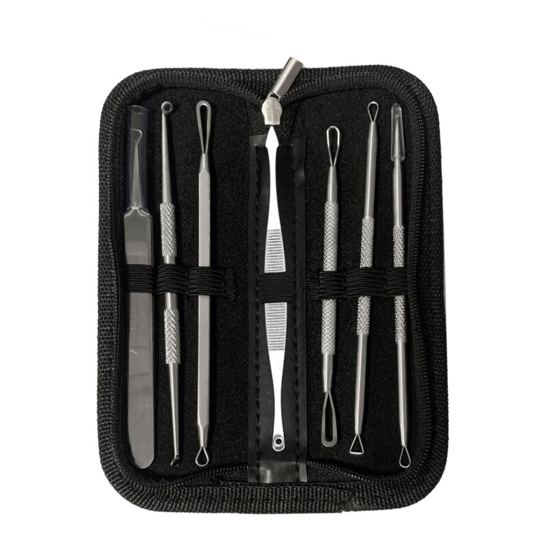 8pcs Eyebrow Grooming Kit - Brush Trimmer Scissors Tweezers Pencil Leather Bag