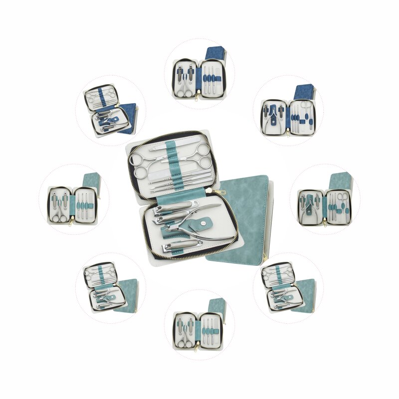 7pcs Nail Clipper Set - Blue Stainless Steel Manicure Kit with Zipper Leather Bag