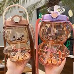 Straw Cup Manufacturer - Cute Bear 1400ml Large Plastic Sports Bottle with Strap