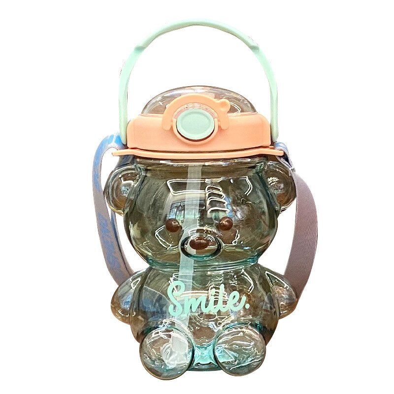 Straw Cup Manufacturer - Cute Bear 1400ml Large Plastic Sports Bottle with Strap