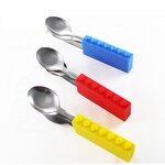 Cutlery Set Manufacturer - 3 Pcs Building Block Kids Spoon Fork Knife with Silicone Handle
