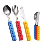 Cutlery Set Manufacturer - 3 Pcs Building Block Kids Spoon Fork Knife with Silicone Handle