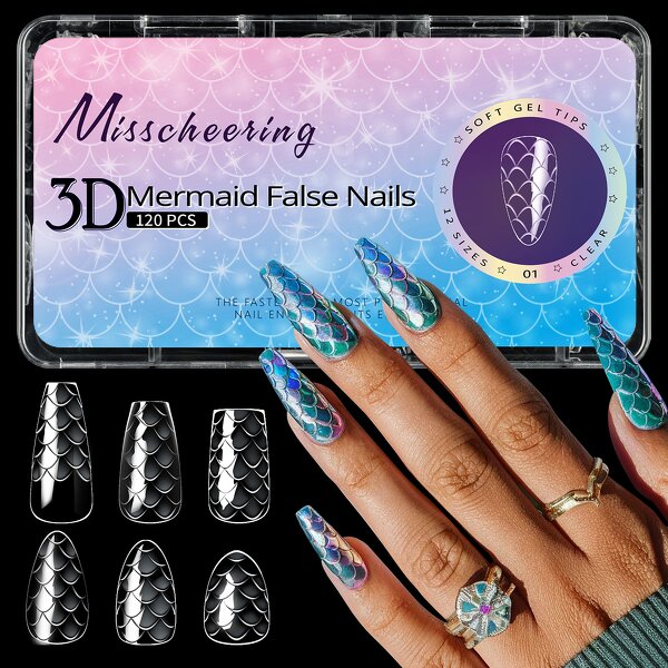 3D Mermaid Nail Tips - 140Pcs Soft Gel Full Cover Acrylic Extensions