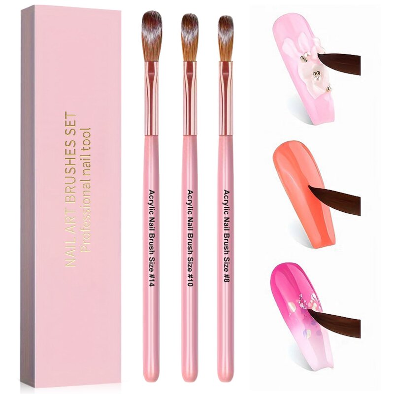 Acrylic Nail Brush Set - 3PCS Size 8/10/14 Pink Handle Professional Powder Tool