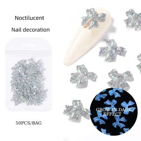 3D Nail Charms - 50pcs Gold Silver Luminous Bow Bling Manicure Decorations