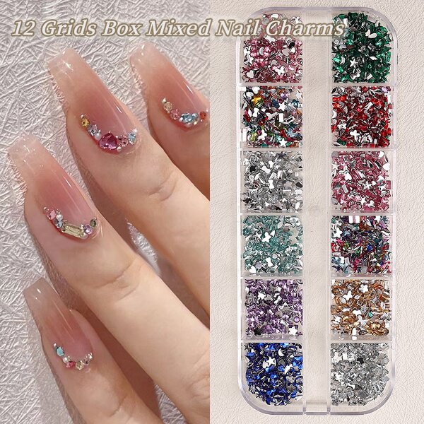 3D Nail Rhinestones - 12Grids Resin Heart Star AB Crystal Diamonds Glitter