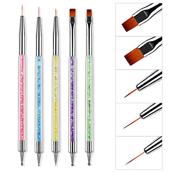 2-in-1 Nail Art Brushes - 5pcs Dual-Ended Liner Crystal Handle DIY Manicure Tool