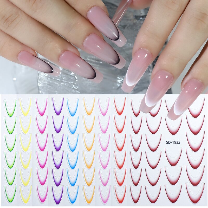French Line Nail Decals - Gradient 12 Colors Flexible Curved Line Art Stickers