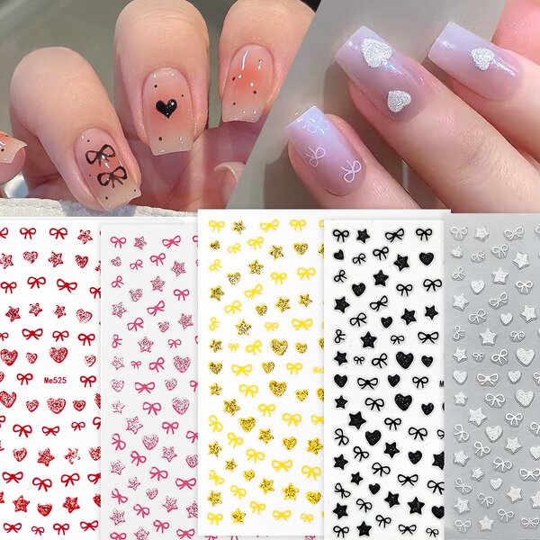 3D Nail Stickers - Shining White Ribbon Bow Star Heart Manicure Decoration