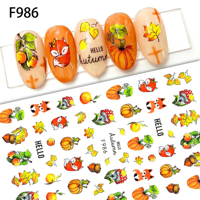 3D Fall Nail Stickers - Maple Leaves Fox Pumpkin Christmas Snowflake Decals