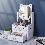 Makeup Mirror Storage Box - Desktop Wood Rectangle Dustproof Drawer Cartoon Princess Vanity