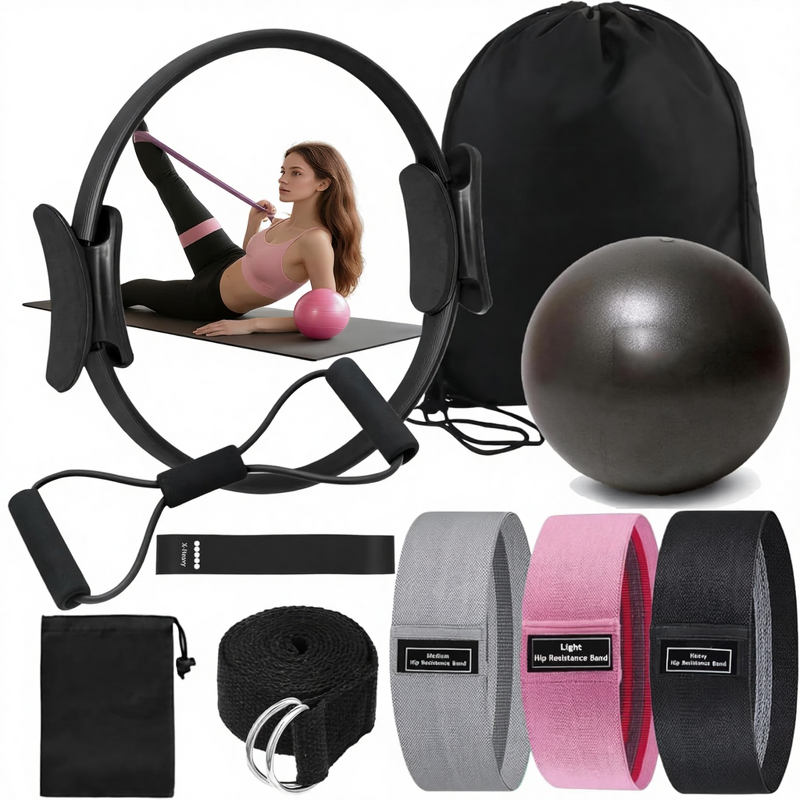 Women's Pilates Gym Kit - 15 Ring Ball Set Booty Bands Figure 8 Abs Workout