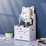 Makeup Mirror Storage Box - Desktop Wood Rectangle Dustproof Drawer Cartoon Princess Vanity