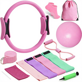 Women's Pilates Kit - 14.5" Ring 9" Ball Cooling Towel 6 Resistance Bands Set
