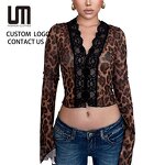 Crop Top Manufacturer - 2026 Mesh Print V Neck Long Flare Sleeve Sexy Club Wear