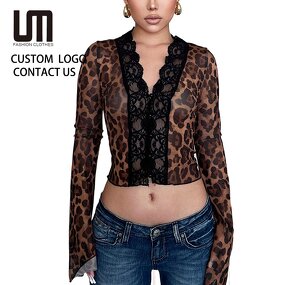Crop Top Manufacturer - 2026 Mesh Print V Neck Long Flare Sleeve Sexy Club Wear