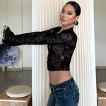 Crop Top Manufacturer - 2026 Mesh Print V Neck Long Flare Sleeve Sexy Club Wear