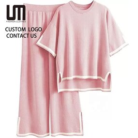 Women Two Piece Set Manufacturer - Liu Ming 2024 Summer O Neck Knitted Top + Wide Leg Pants