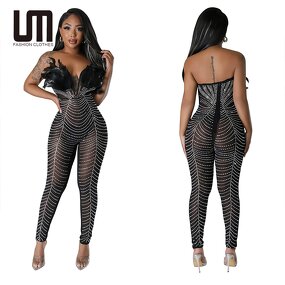 Party Rompers Jumpsuit Manufacturer - Liu Ming 2024 Women Strapless Mesh Feather Crystals