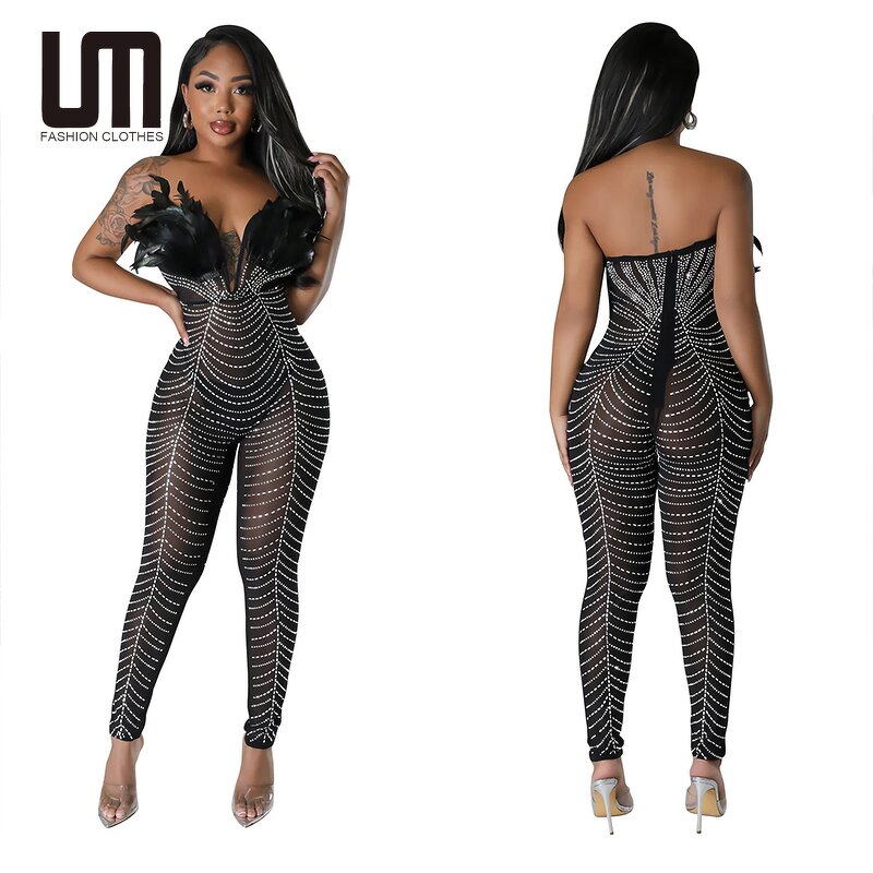 Party Rompers Jumpsuit Manufacturer - Liu Ming 2024 Women Strapless Mesh Feather Crystals