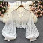 Lace Blouse Manufacturer - Liu Ming Women Summer Sexy V Neck Puff Long Sleeve See Through