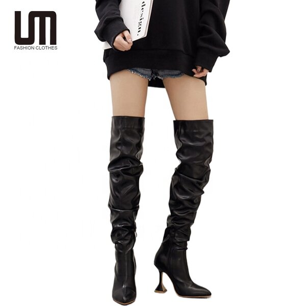 Heels Shoes Manufacturer - Liu Ming 2025 Women Winter Pleated Over Knee Pointed Toe