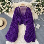 Chiffon Blouse Manufacturer - Liu Ming 2024 Women Sexy V Neck Puff Long Sleeve Slim Draped