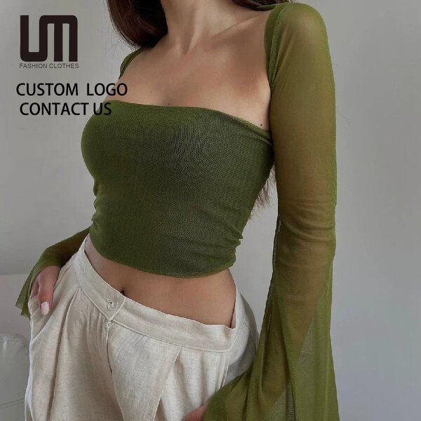 Crop Tops T Shirt Manufacturer - Liu Ming Y2K Women Sexy Off Shoulder Long Flare Sleeve Club