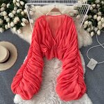 Chiffon Blouse Manufacturer - Liu Ming 2024 Women Sexy V Neck Puff Long Sleeve Slim Draped