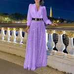 Evening Jumpsuit Manufacturer - Liu Ming Women Elegant Sequin Wide Leg Long Sleeve V Neck