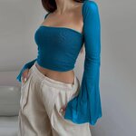 Crop Tops T Shirt Manufacturer - Liu Ming Y2K Women Sexy Off Shoulder Long Flare Sleeve Club