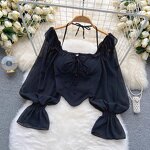 Chiffon Blouse Manufacturer - Liu Ming Women Summer Sexy Flare Sleeve Ruffle Halter Backless