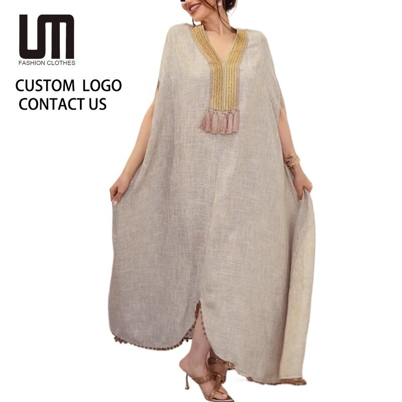 Abaya Dress Manufacturer - Middle Eastern Women Autumn Winter V-Neck Full Sleeves Loose Modest