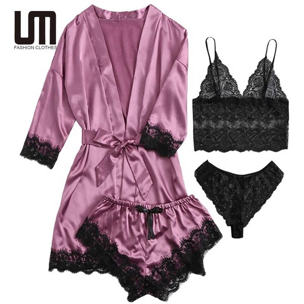 Pajama Set Manufacturer - Liu Ming 2025 Women Sleep Lounge Lace Satin Suspender 4 Piece