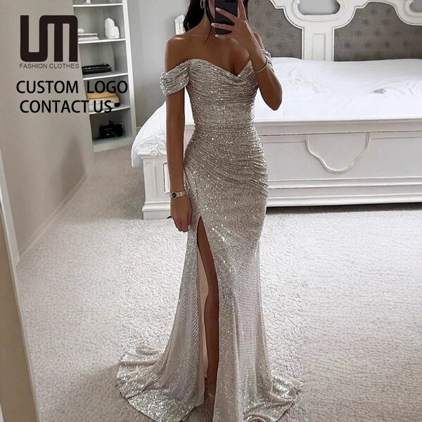 Evening Dress Manufacturer - 2026 Off-Shoulder Sequin Pleated Waist Tight Split