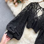 Lace Blouse Manufacturer - Liu Ming Women Summer Sexy V Neck Puff Long Sleeve See Through