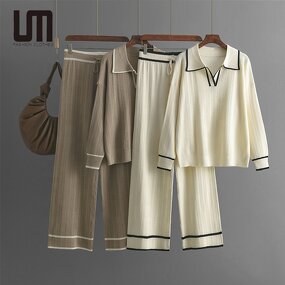 Women Two Piece Set Manufacturer - Liu Ming Autumn Winter Knitted Long Sleeve Tops + Pants