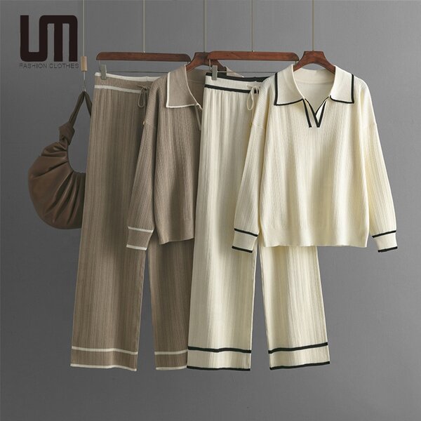 Women Two Piece Set Manufacturer - Liu Ming Autumn Winter Knitted Long Sleeve Tops + Pants